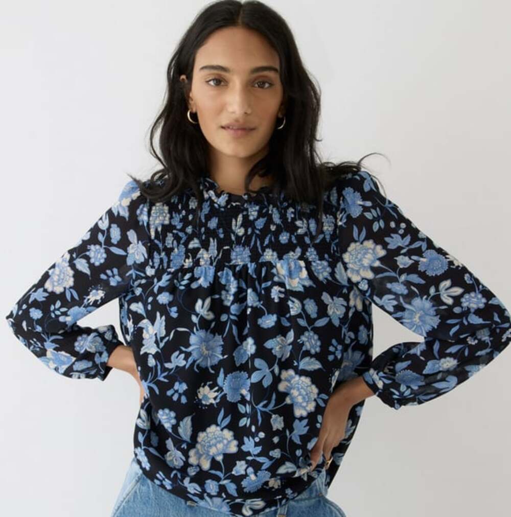 J.Crew Ruffleneck Chiffon Top in Midnight Blue Floral XS